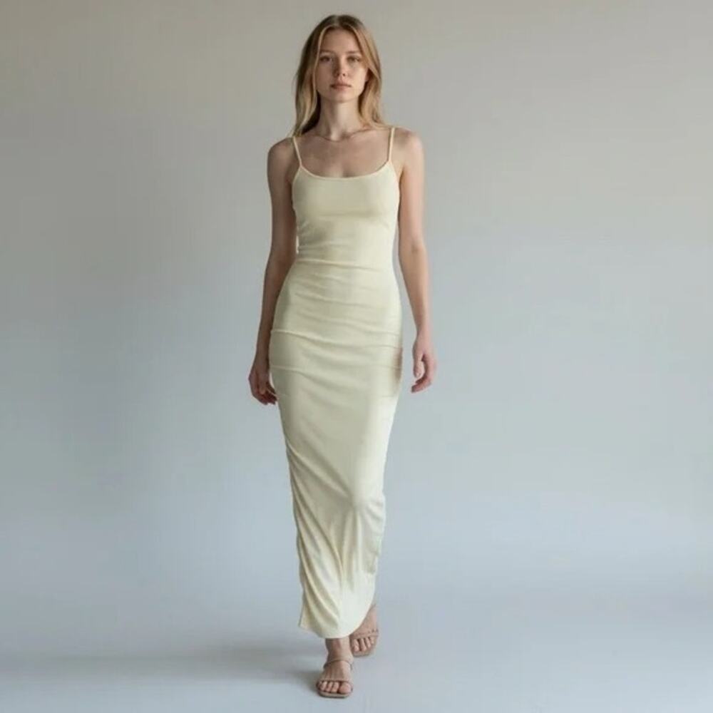 NWT WeWoreWhat Ruched High Neck Sleeveless Open Back Bodycon Midi Dress L Cream